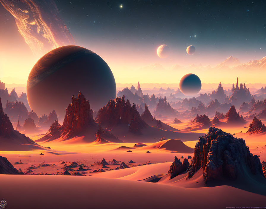 Alien landscape with towering rocks, sunset, and large planets in sky