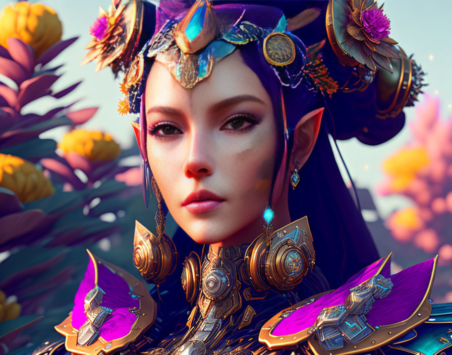 Digital artwork: Woman in purple & gold armor with elfin features amid vibrant flowers