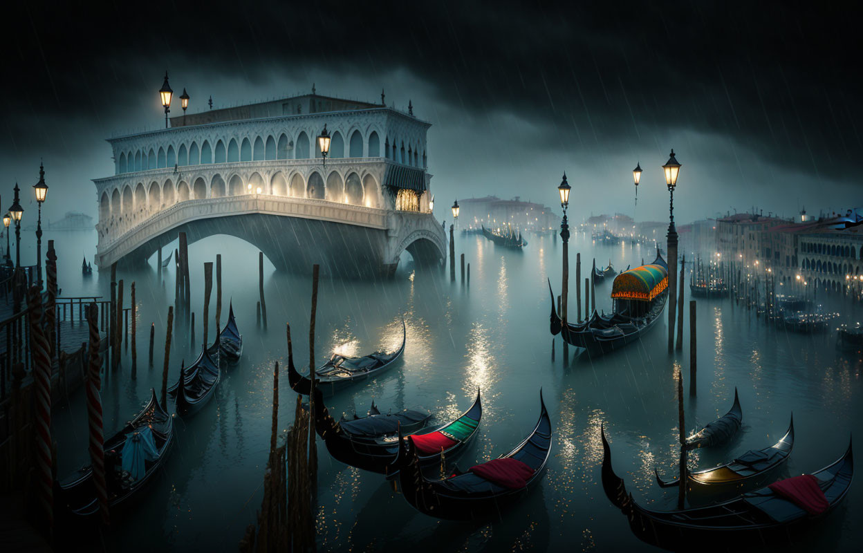 Nighttime panoramic view of Rialto Bridge in Venice with moored gondolas and rainy ambiance