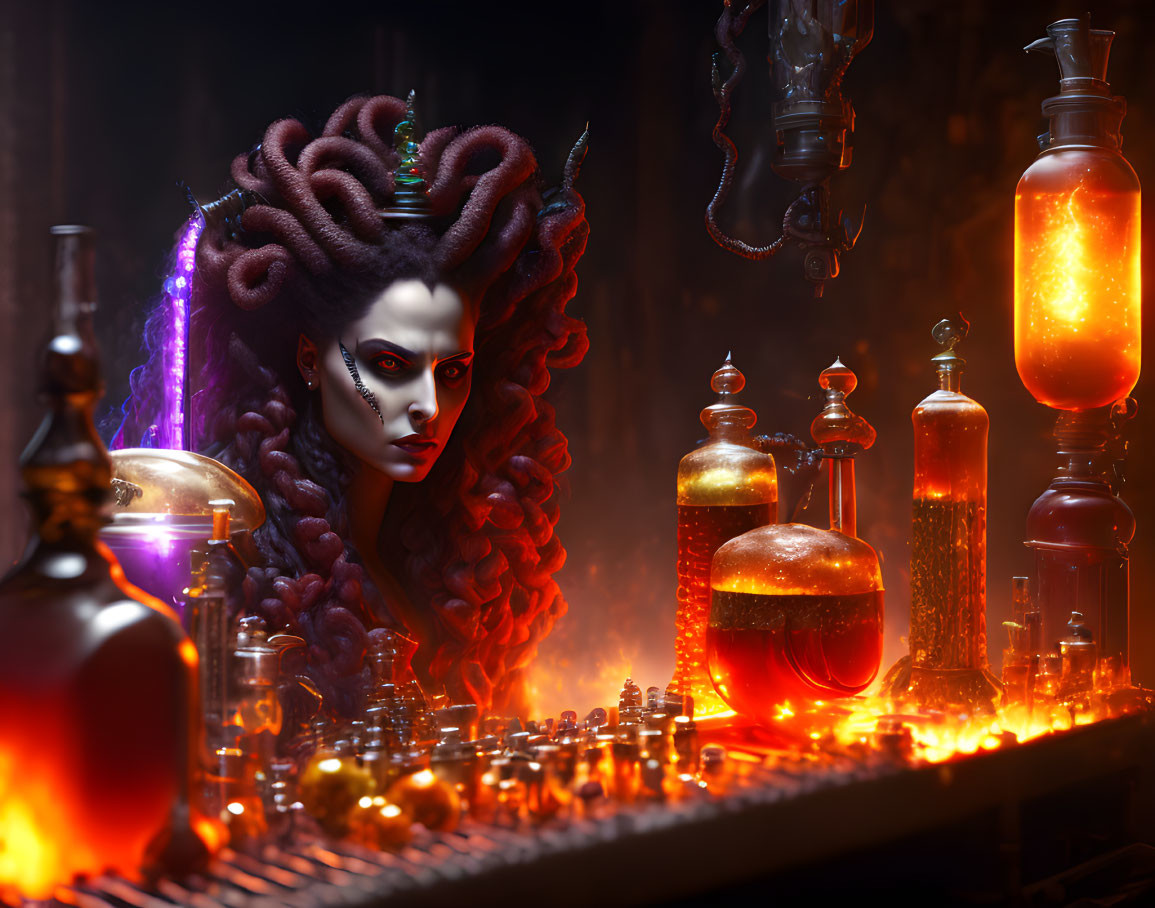 Mystical woman with elaborate hair and makeup in dark alchemy lab