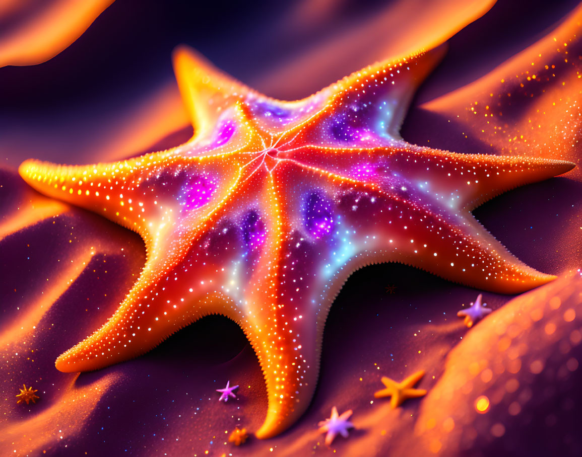 Colorful Starfish Artwork with Cosmic Theme and Nebula Background