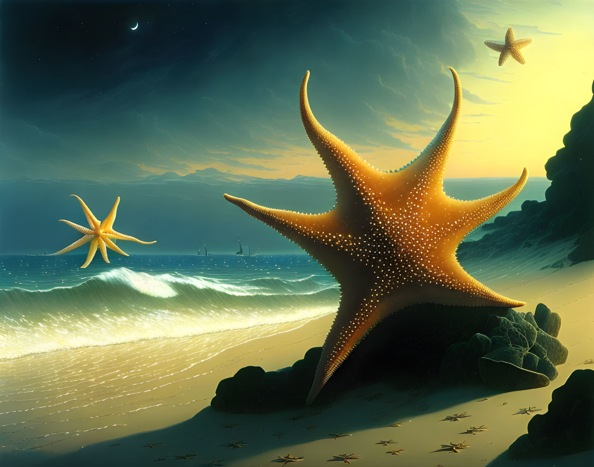 Surreal beach scene with giant starfish, flying smaller ones, crashing waves, and ships under