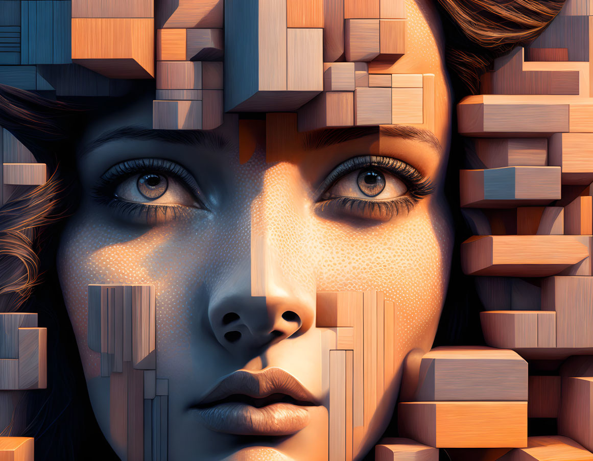 Digital artwork: Woman's face with 3D wooden block mosaic