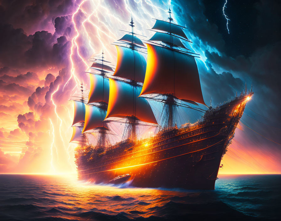 Majestic sailing ship with illuminated sails at sunset on the sea