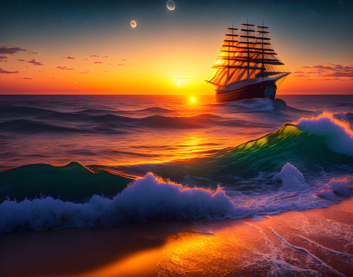 Tall ship sailing turbulent seas at sunset with orange sky.