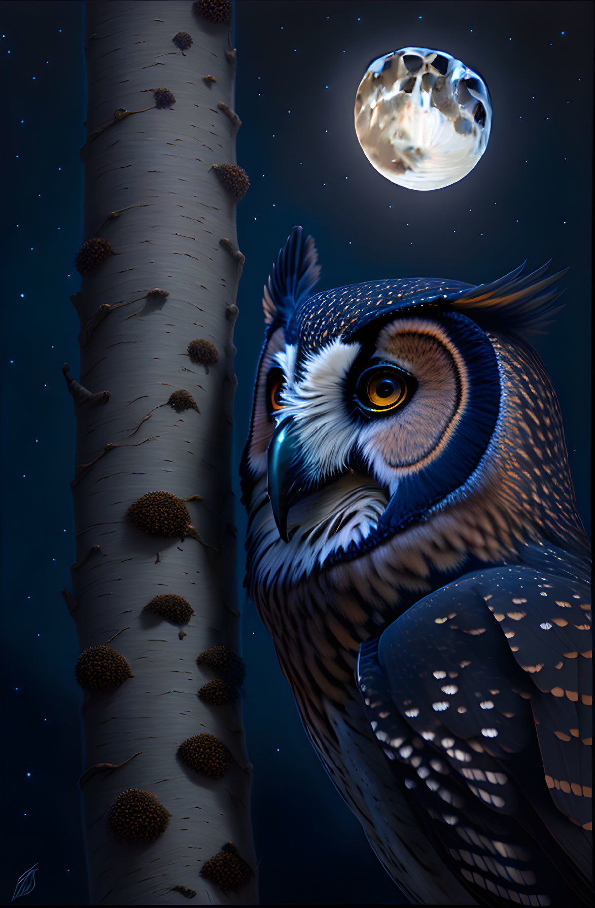 Illustrated owl perched by tree trunk under moonlit sky