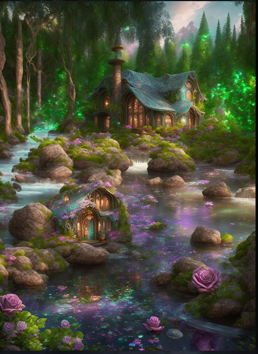 Whimsical cottage in enchanted forest with sparkling river and glowing flowers