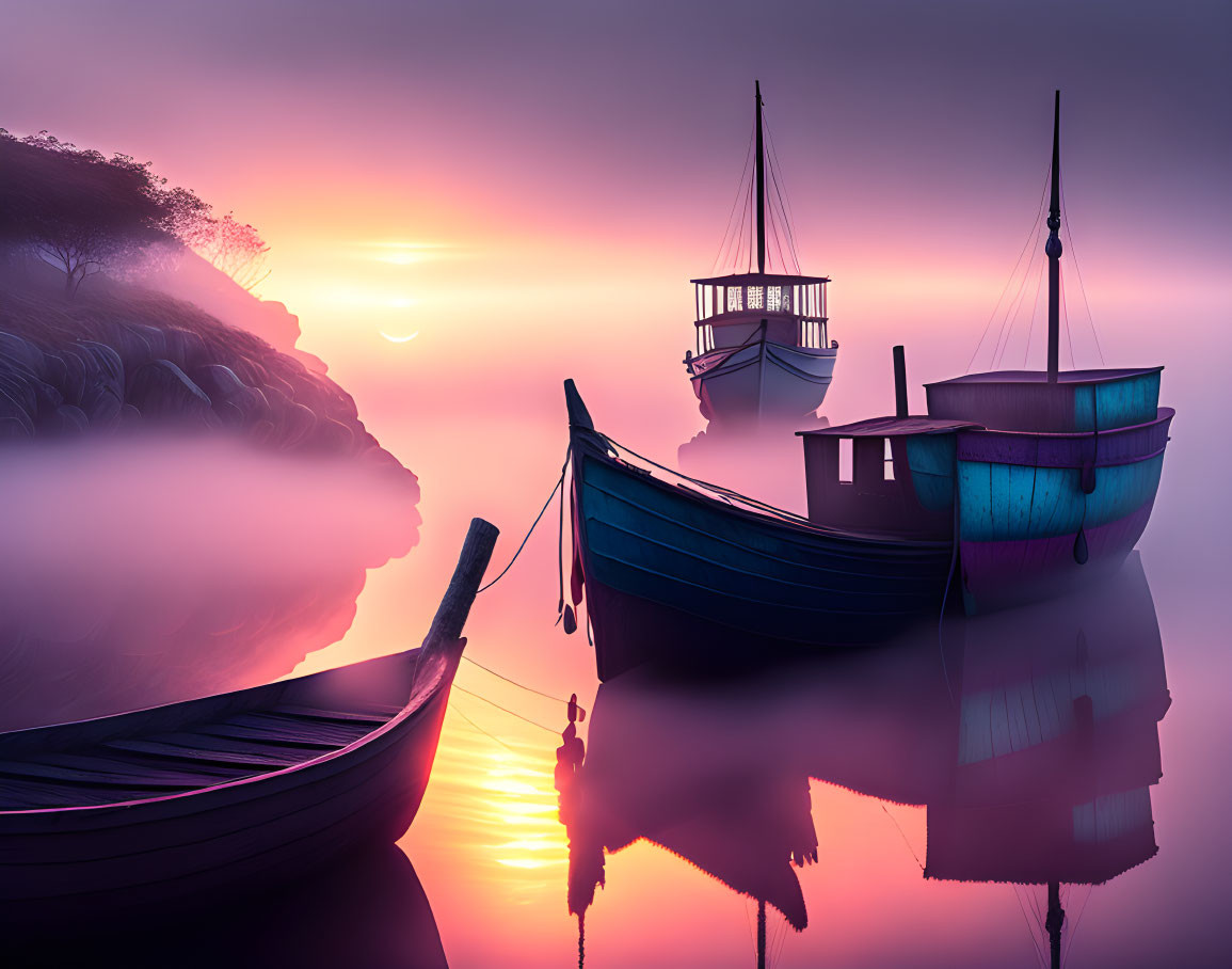 Tranquil misty lake with colorful boats at pastel sunrise