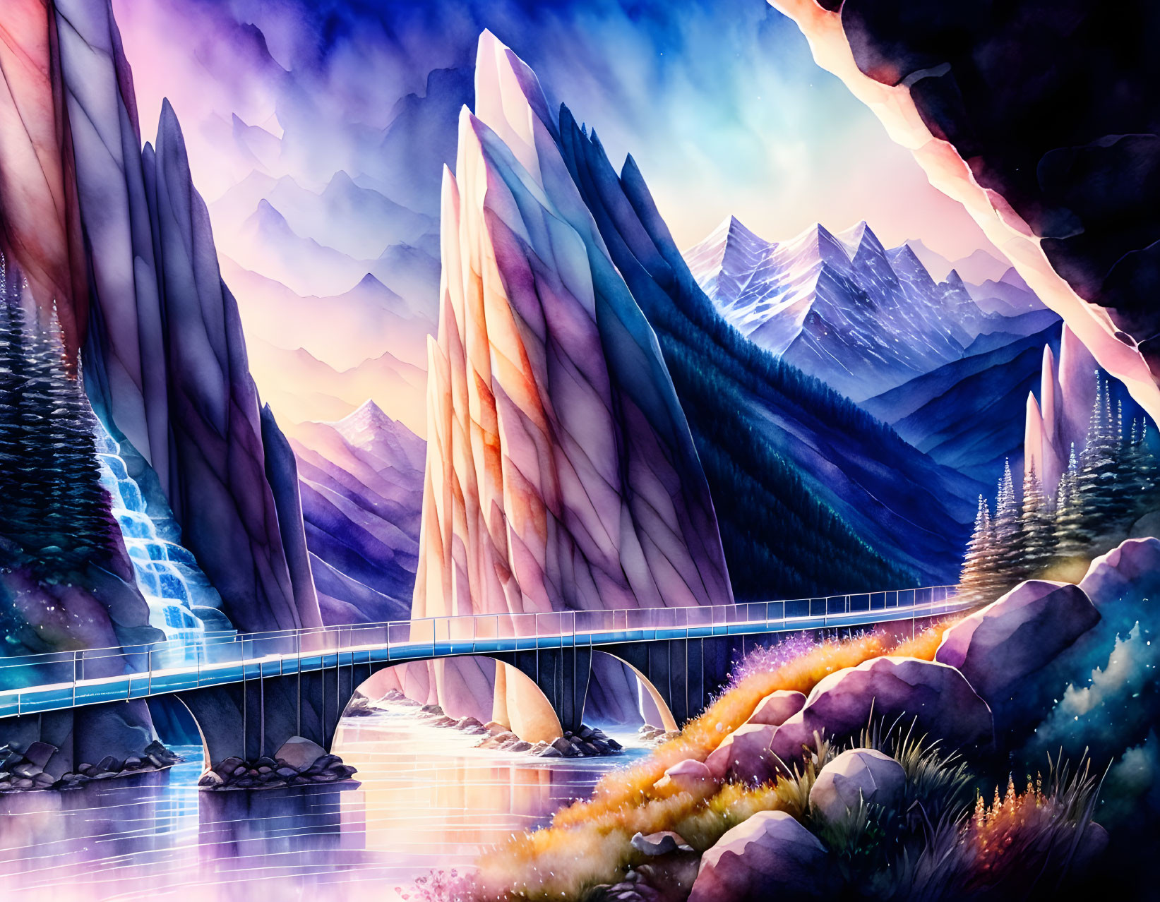 Colorful jagged mountains, shimmering waterfall, futuristic bridge in a vibrant landscape