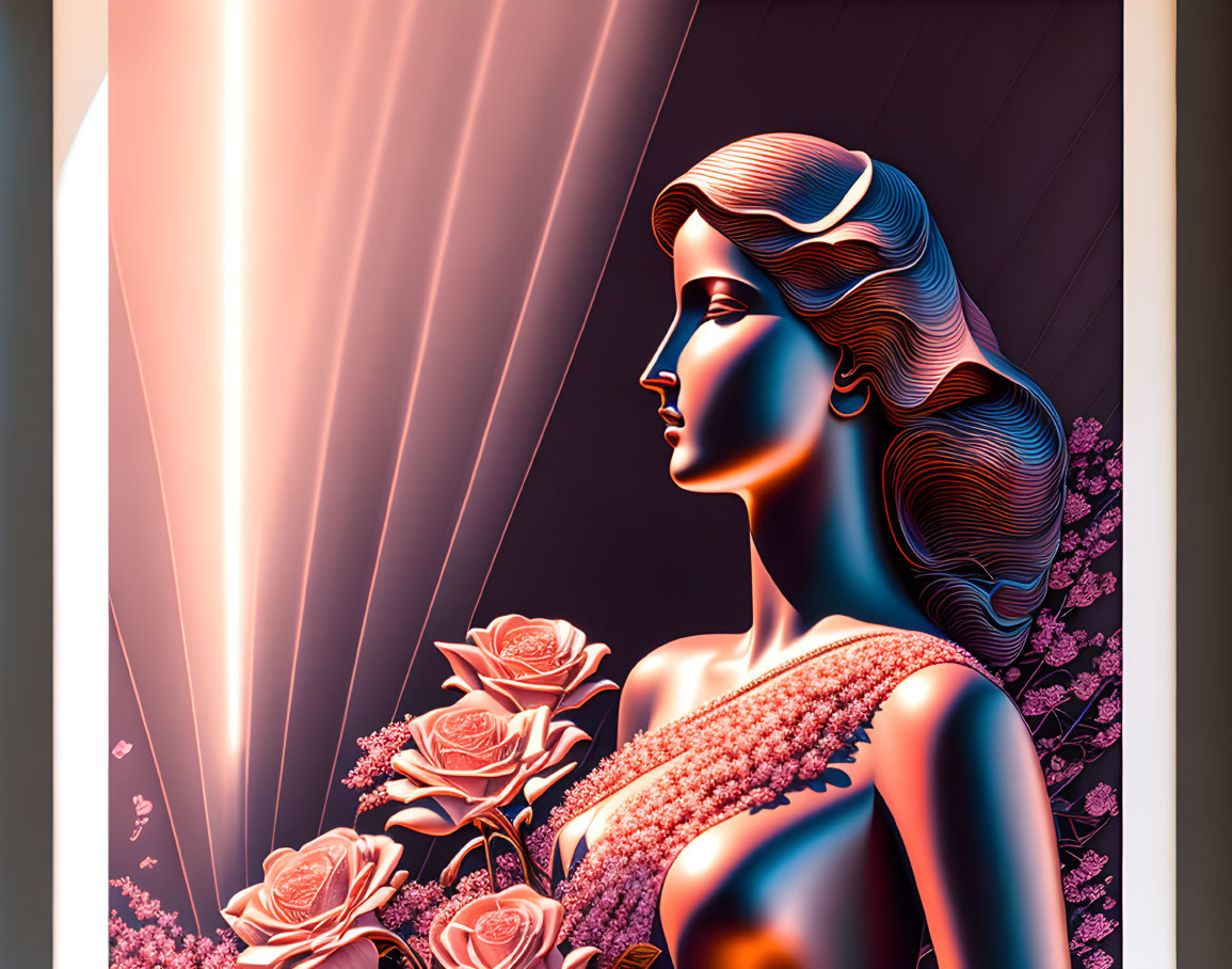 Stylized woman profile with flowing hair and roses against radiant backdrop