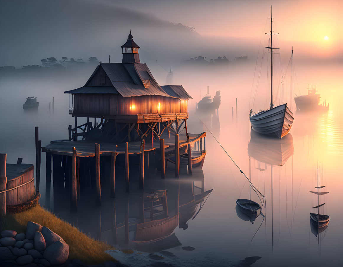 Misty harbor sunrise with boats, wooden pier, and lighthouse