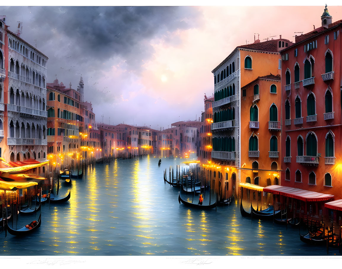 Twilight scene of Venice canal with gondolas and historical buildings