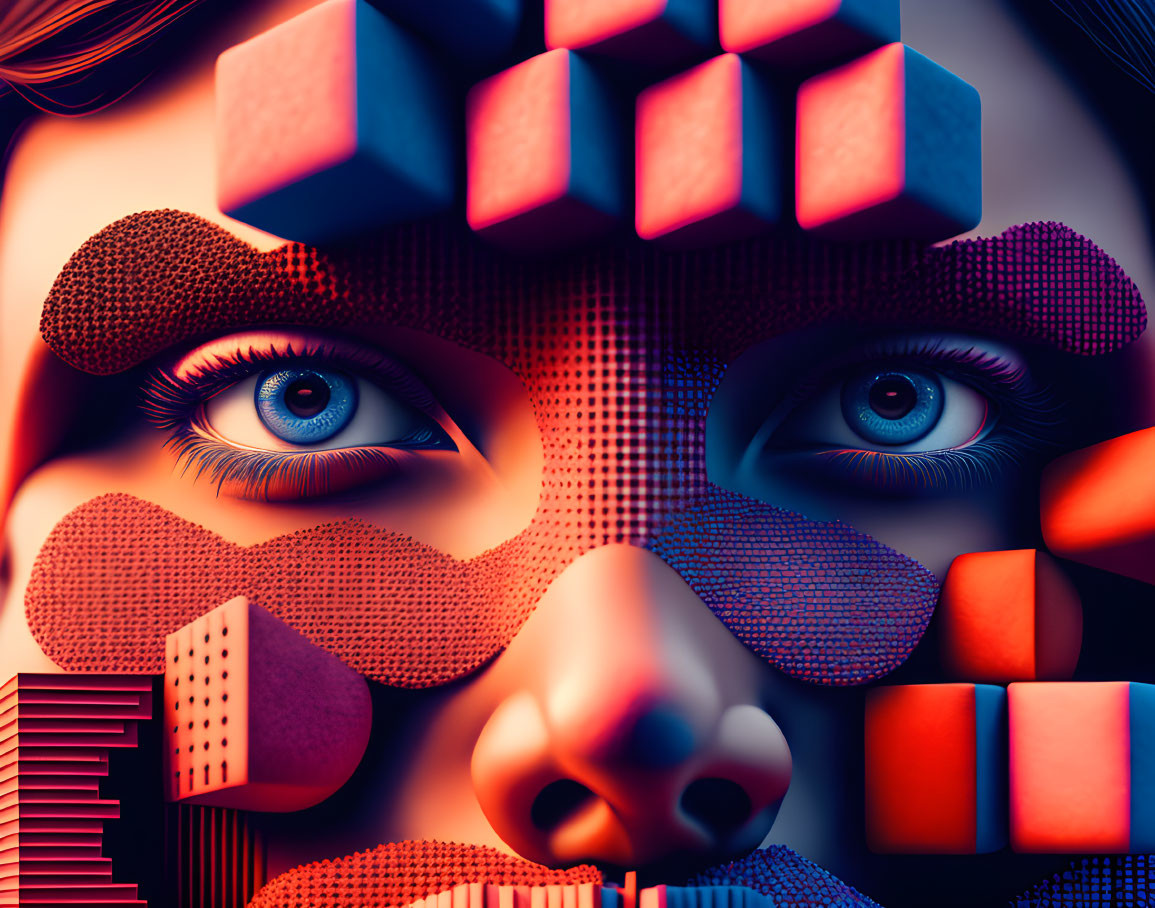 Symmetrical abstract portrait with geometric shapes in red and blue tones