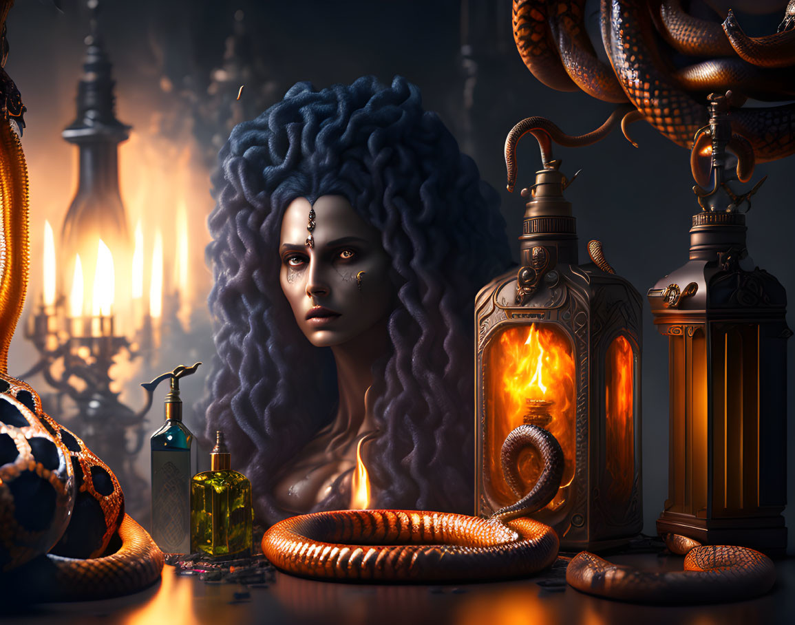 Fantasy scene: Woman with blue hair, candles, serpents, mystical lanterns