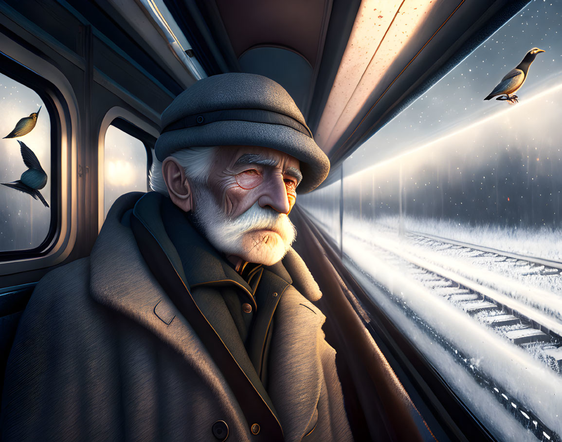 Elderly man in cap looking out train window at snowy landscape