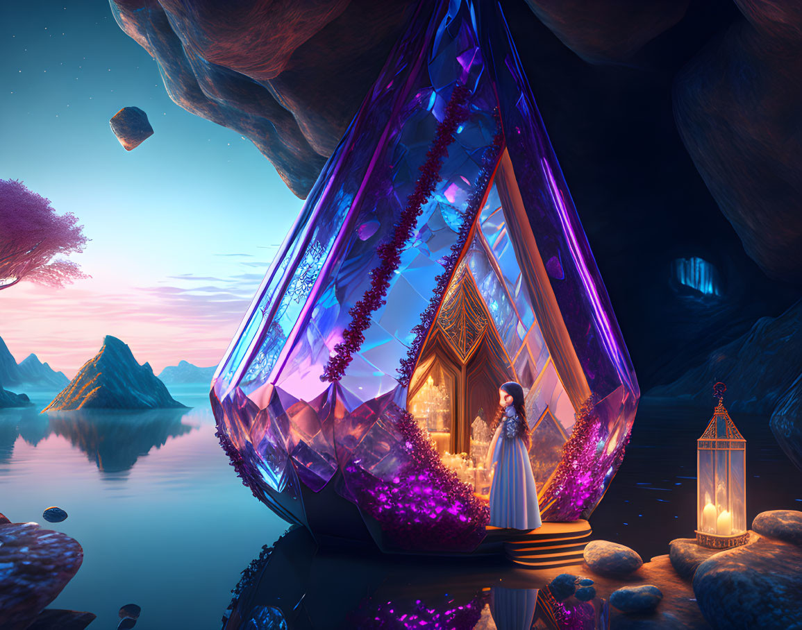 Fantasy crystal house on lake with floating rocks, woman in white, purple flora, starry sky