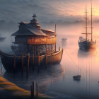 Misty harbor sunrise with boats, wooden pier, and lighthouse