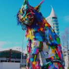 Colorful Giant Cat Overlooks European Cityscape with Bird in Sky