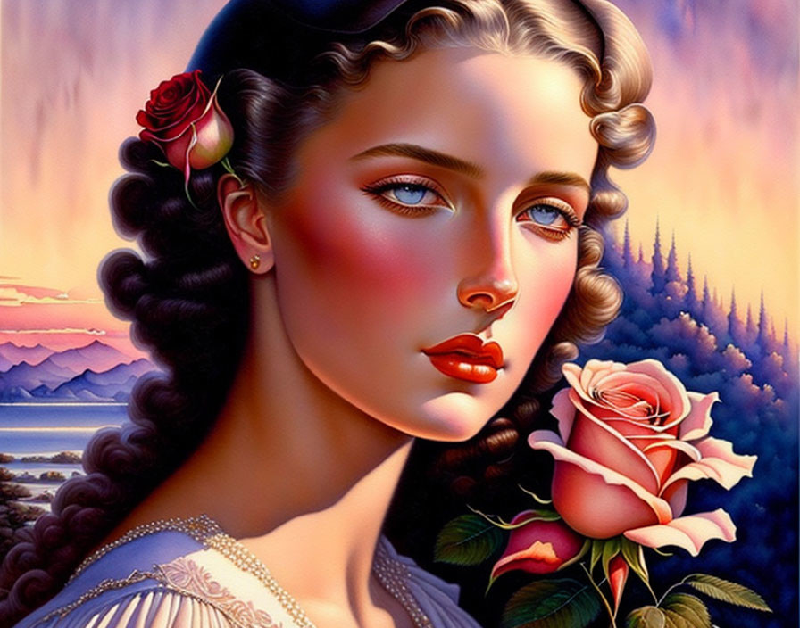 Woman holding rose in vibrant sunset landscape