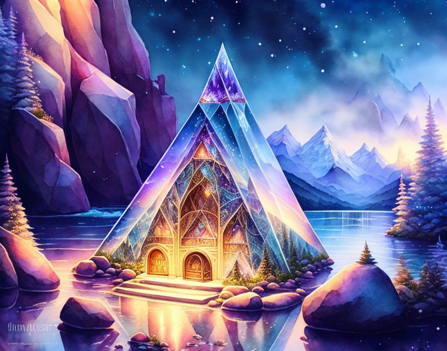 Fantasy illustration of luminous crystal structure in twilight landscape