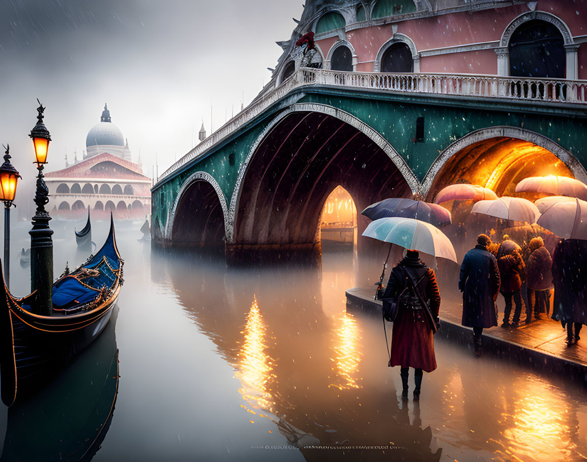 Snow-covered Rialto Bridge in Venice with people and umbrellas.