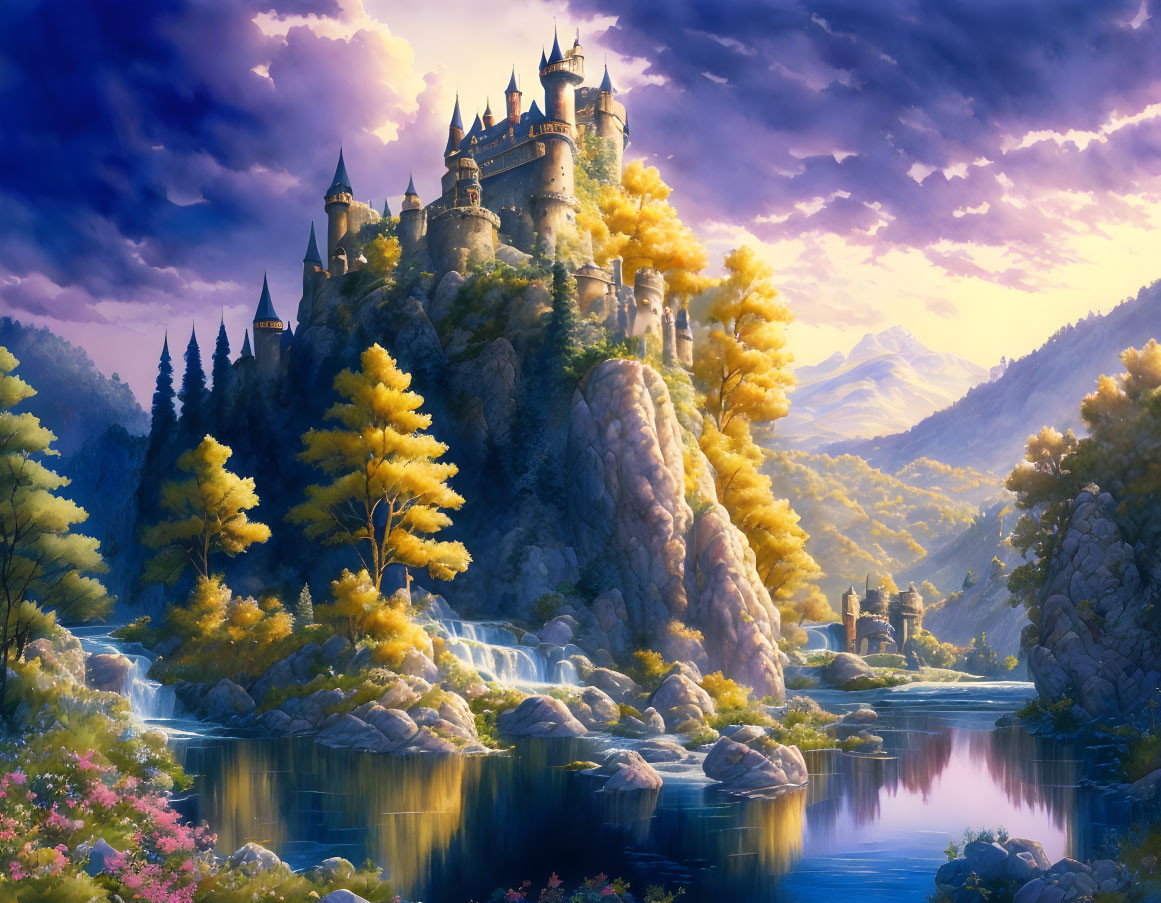 Majestic castle on cliff with autumn trees, waterfalls, lake, and purple sunset sky