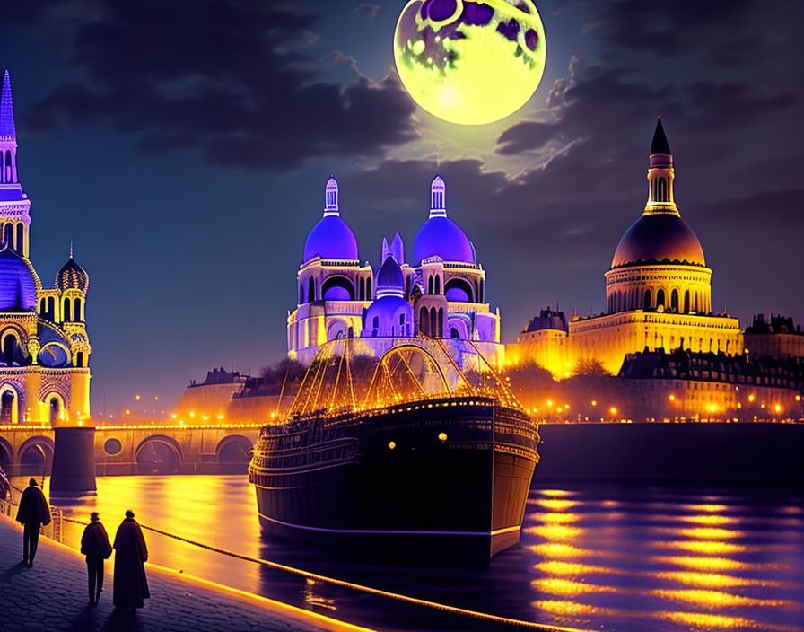 Vibrant surreal cityscape at night with ship, glowing river, people, and fantastical moon