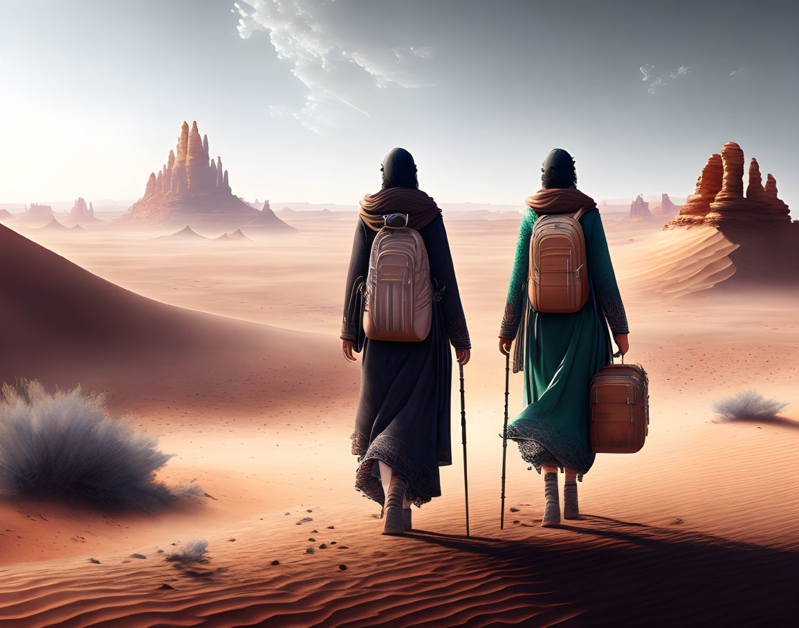 Two people in robes with backpacks walking towards towering rock formations in a desert landscape