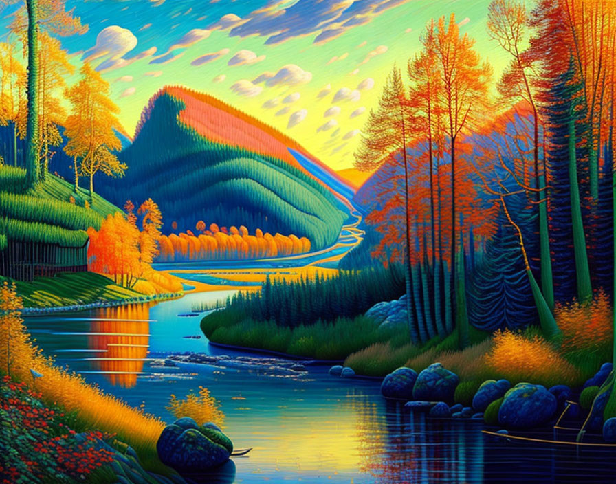 Scenic autumn landscape with river and colorful trees at sunset