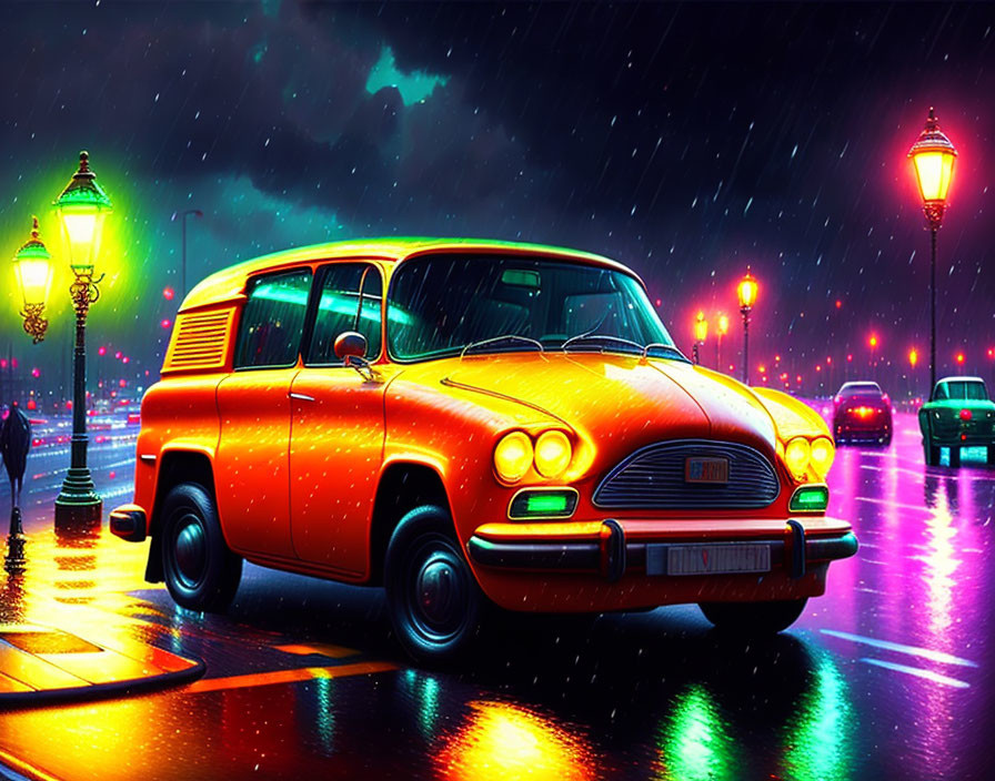 Classic Orange Station Wagon in Rainy City Street at Night