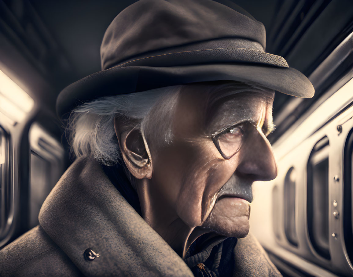 Elderly man in hat and coat looking out train window