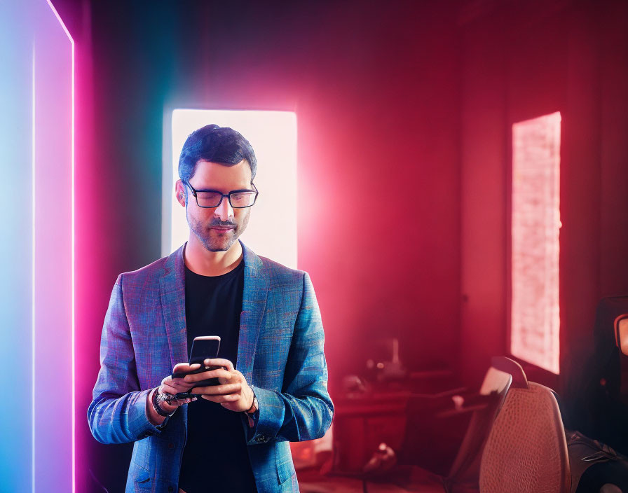 Man with glasses on smartphone in neon-lit room.