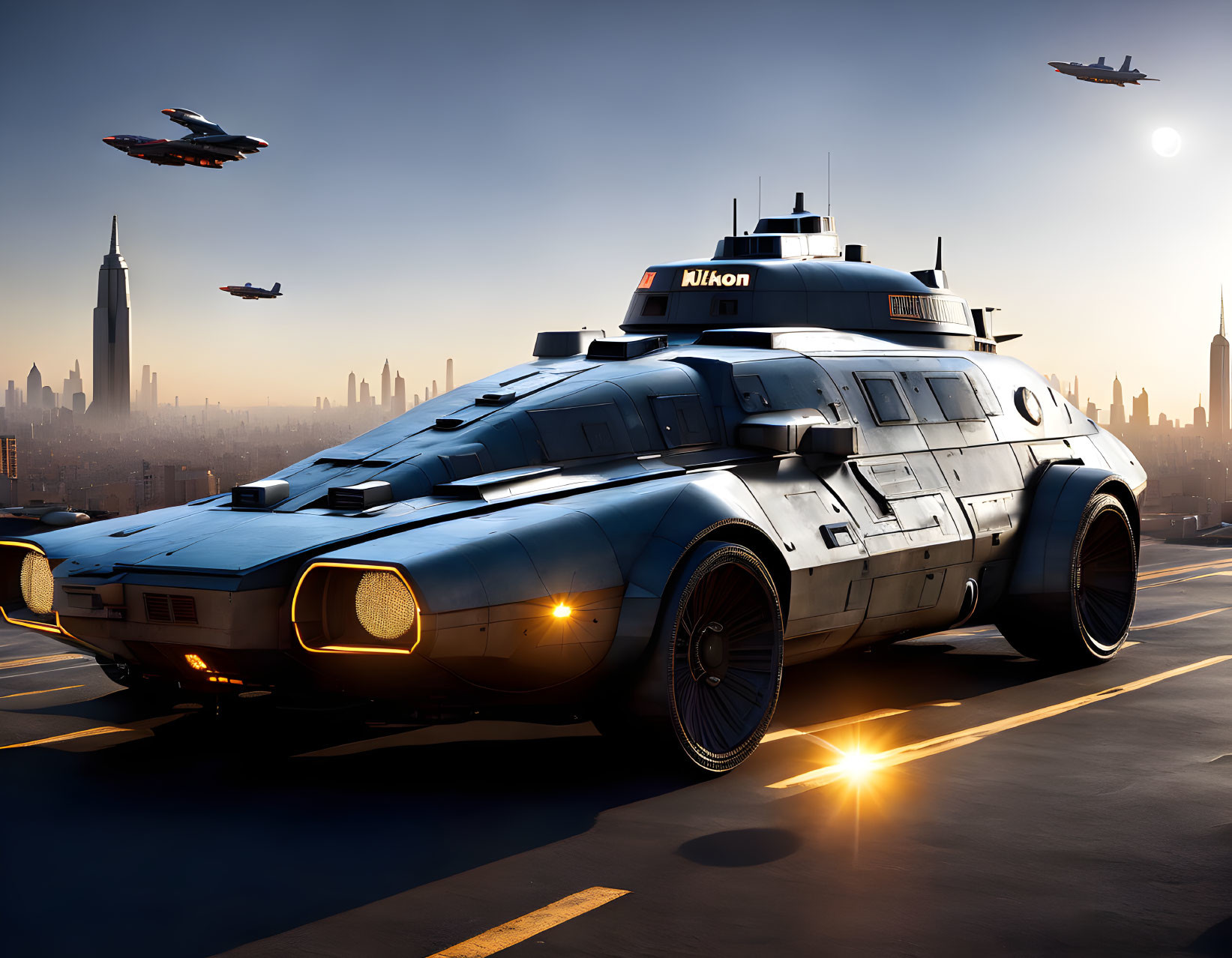 Armored vehicle with large headlights on rooftop at sunrise, cityscape background, flying craft.