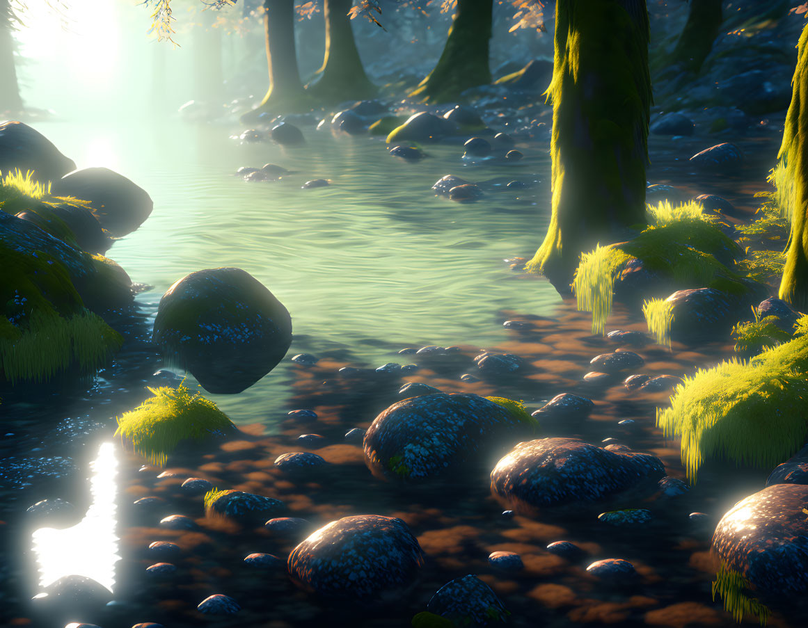 Tranquil forest stream with sunlight filtering through trees