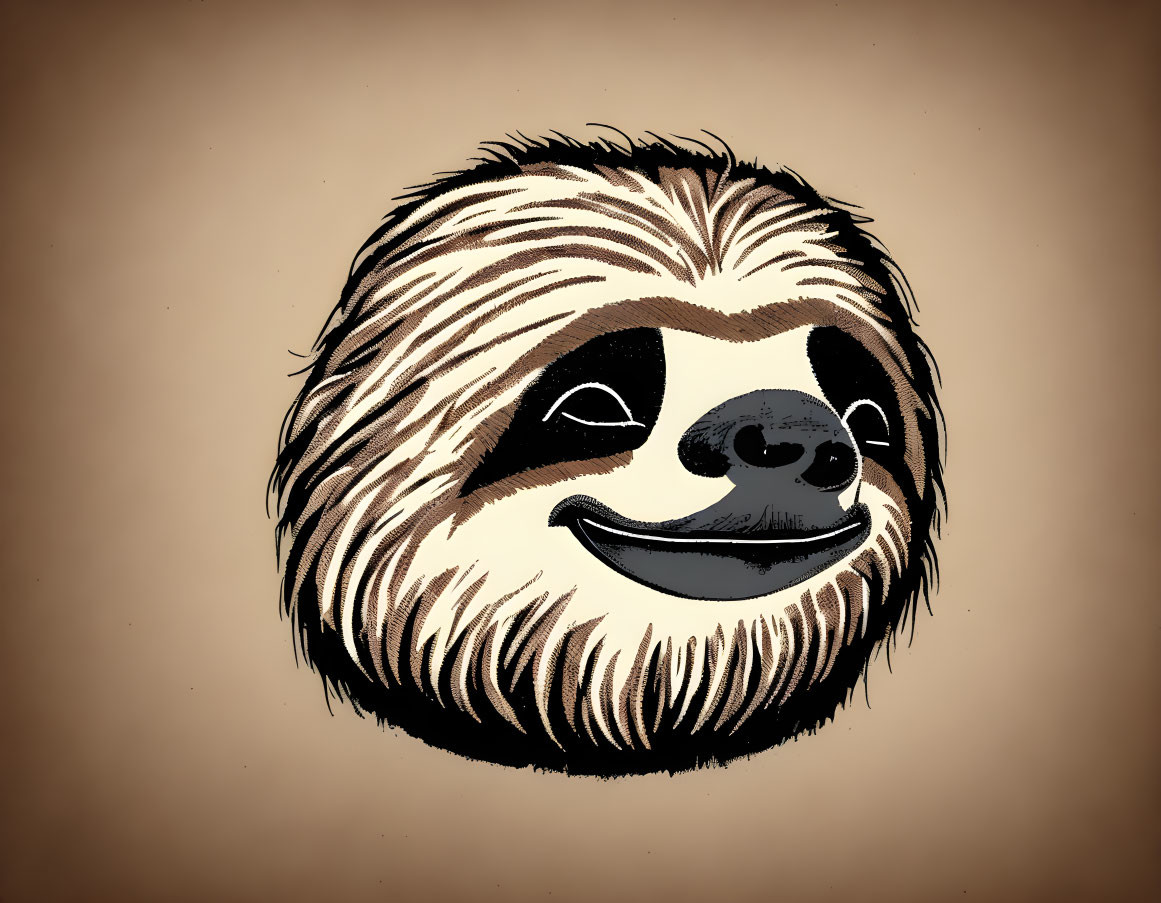 Smiling sloth illustration with prominent eyes and shaggy coat on tan background