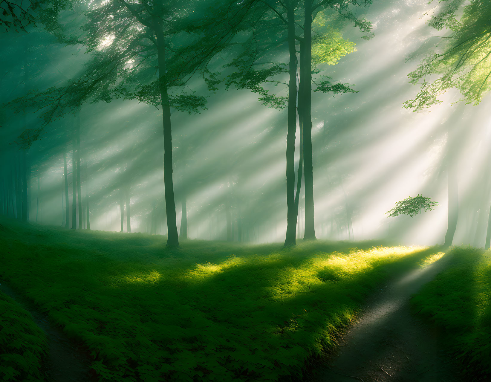 Misty forest with sun rays illuminating green foliage