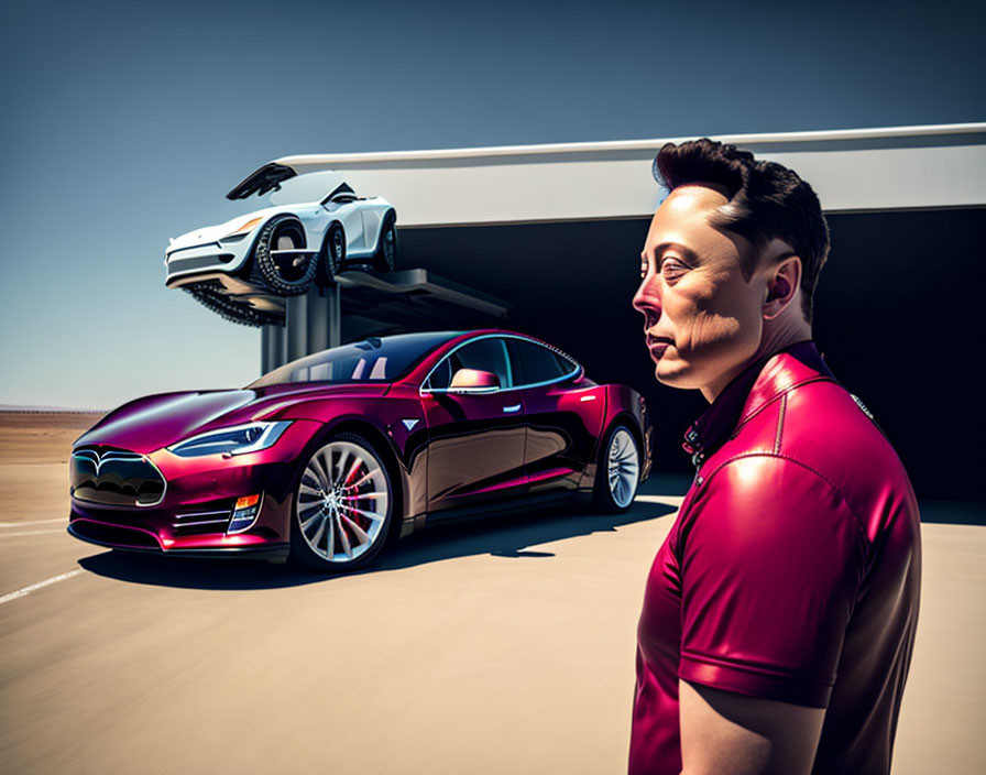 Futuristic figure with drone and red Tesla in desert setting