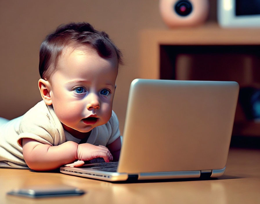 Surprised baby looking at laptop screen on floor