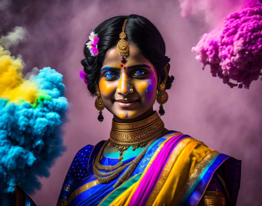 Traditional Indian Attire and Jewelry with Vibrant Colored Powder Clouds