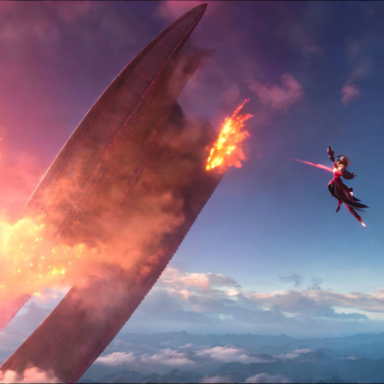 Character with cape flying beside fiery feather above clouds at sunset