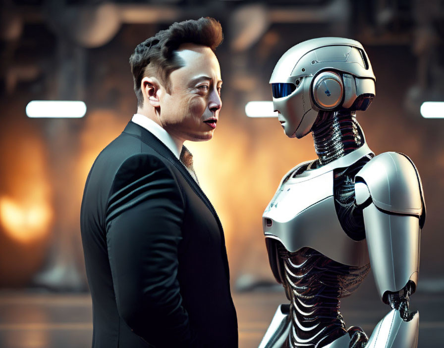 Man in suit interacts with humanoid robot in industrial setting