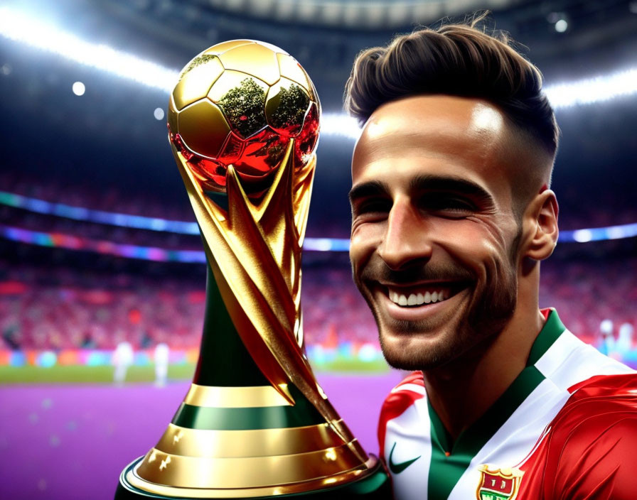 Smiling footballer with trophy in red and green jersey