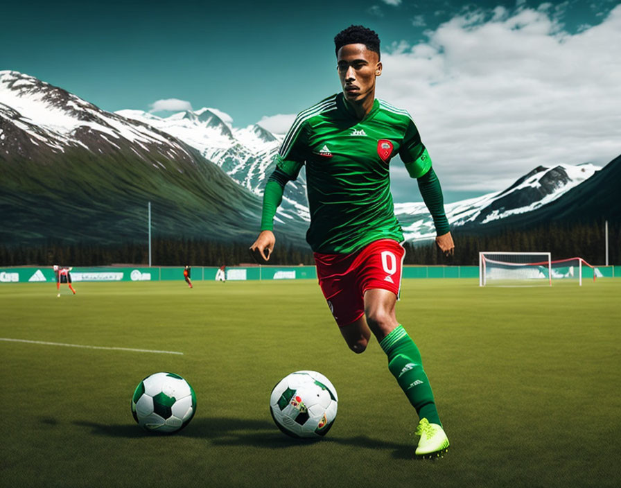 Soccer player dribbling ball on field with mountain backdrop