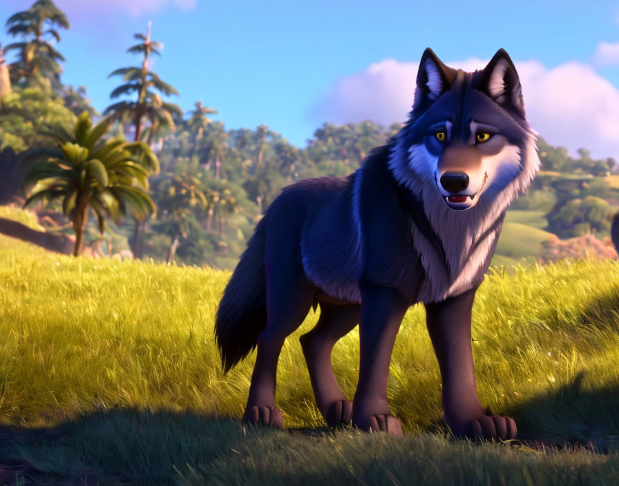 Blue-eyed 3D-animated wolf on grassy hill with palm trees