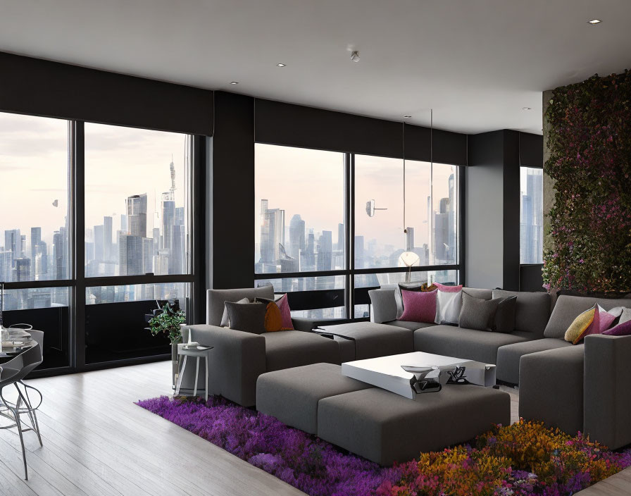 Spacious living room with city view, gray sectional sofa, colorful pillows, indoor plants