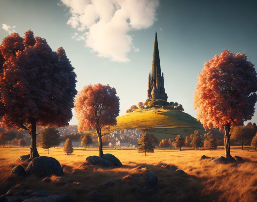 Spire-topped hill in serene fantasy landscape with reddish trees