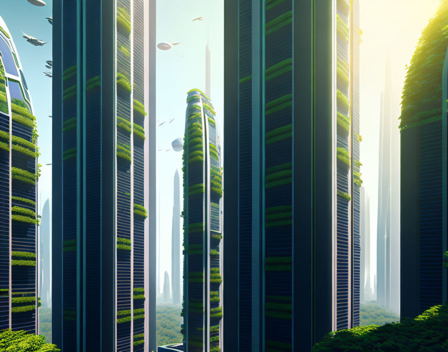 Modern city skyline with green skyscrapers and flying vehicles.