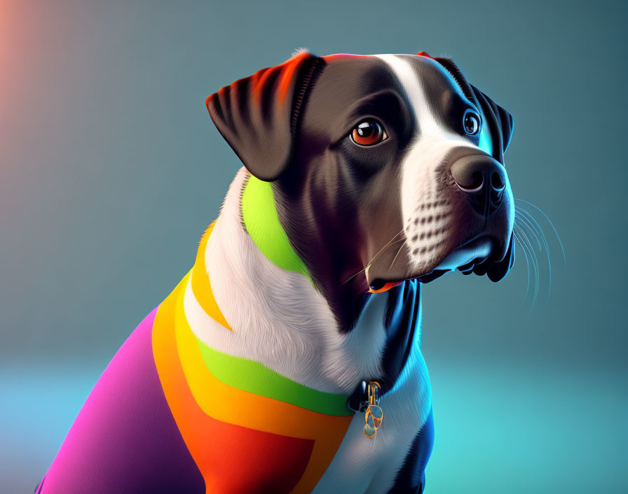 Colorful Rainbow Dog Illustration on Blue Gradient Background
