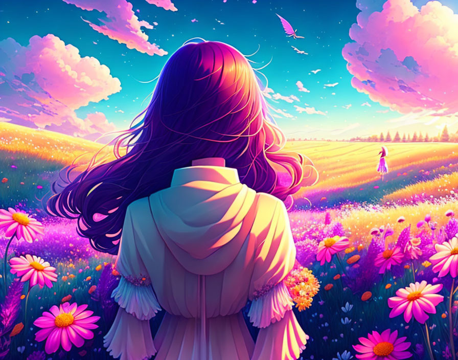 Woman admires vibrant flower fields under scenic sky with distant figure