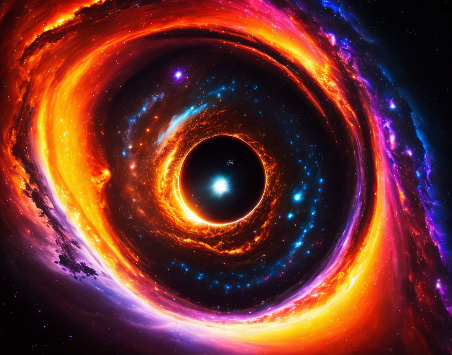Detailed illustration of swirling black hole with radiant energy against starry backdrop
